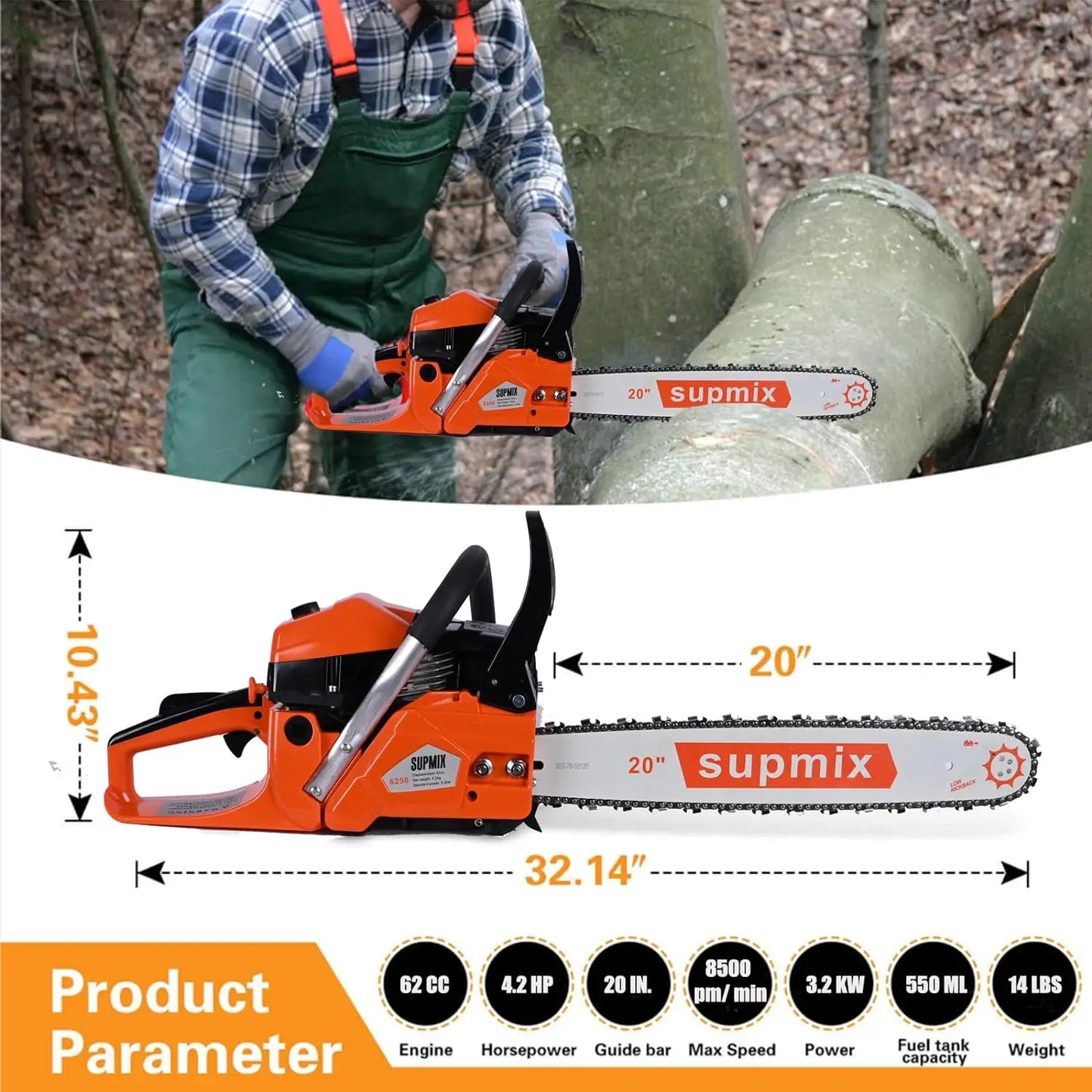 Gas Chainsaw 62CC Power Chain Saw 20 Inch Guide Board Chain saws